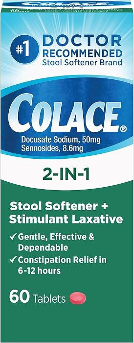 Colace 2-in-1 Stool Softener Plus Stimulant Laxative Tablets, 60 Count (Pack of 1), Gentle Consti... | Amazon (US)