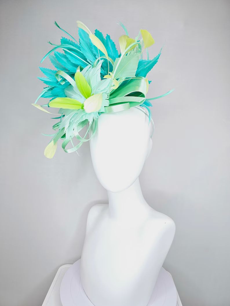 Kentucky Derby Hat Fascinator Mint Green Satin Loops and Feather Flower With Green Feathers and L... | Etsy (US)