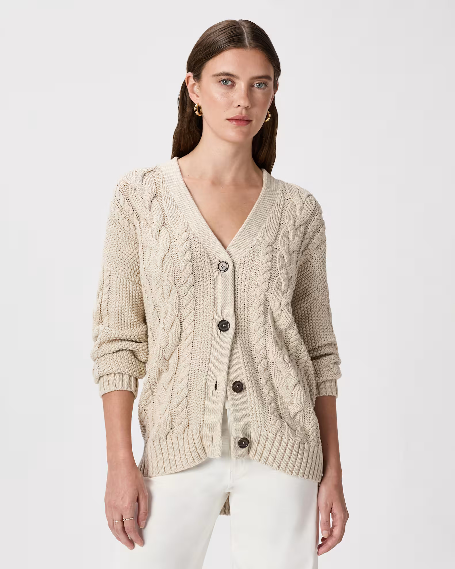 100% Organic Cotton Oversized Cable Cardigan  in Speckled Beige | Quince