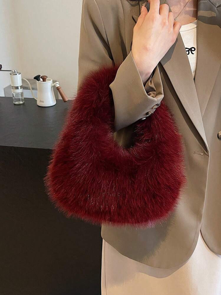 This Year's Popular High-End Wine Red Minority Plush Clutch Bag, Leisure Winter Cute Furry Clutch... | SHEIN