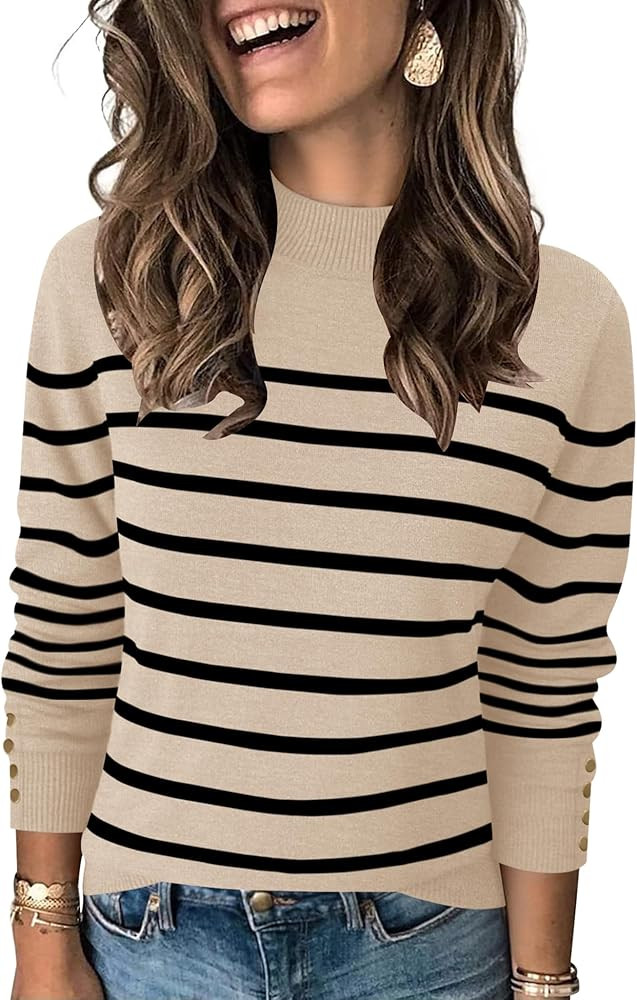 Qirno Womens Mock Neck Long Sleeve Knit Sweaters Turtleneck Casual Lightweight Button Cuffs Fall ... | Amazon (US)