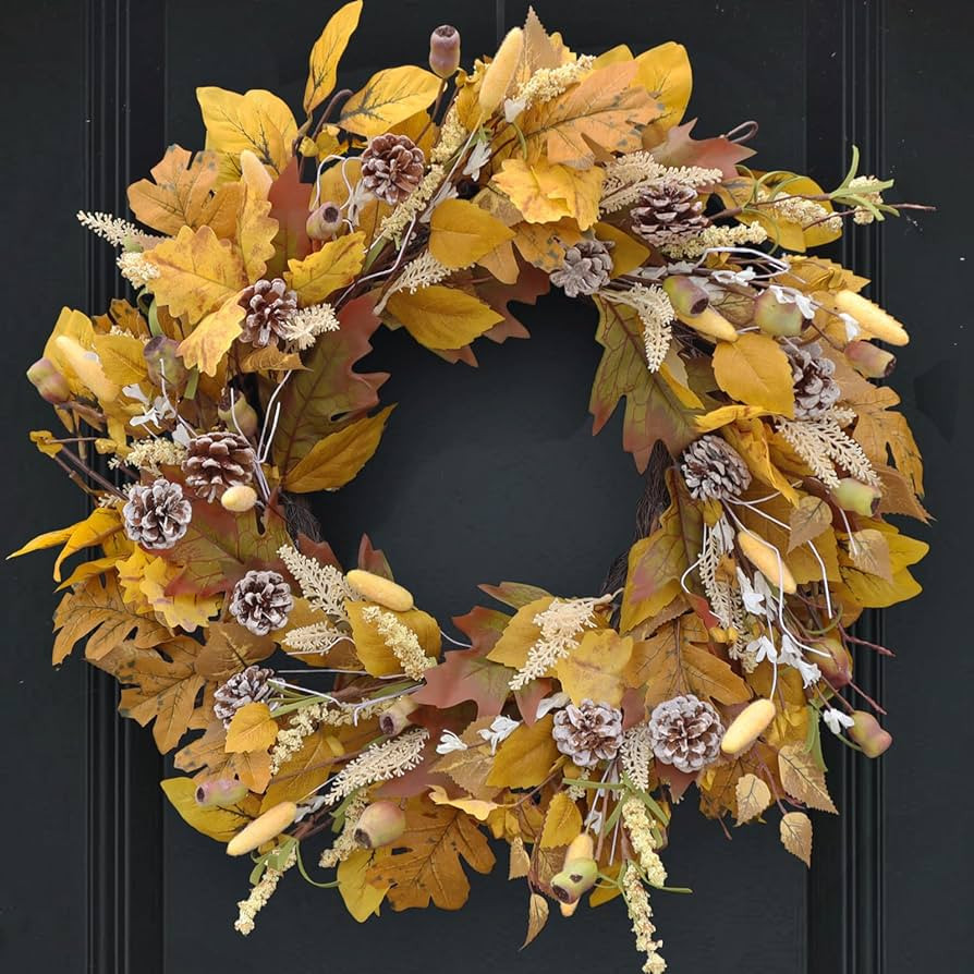 Fall Wreath for Front Door, 24 Inch Autumn Wreath with Pine Cones, Grain Ears, Oak Leaves and Map... | Amazon (US)