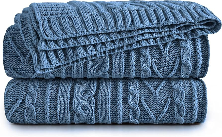 Aormenzy Dusty Blue Cable Knit Throw Blankets for Couch Bed Sofa, Acrylic Knitted Blanket, Soft C... | Amazon (US)