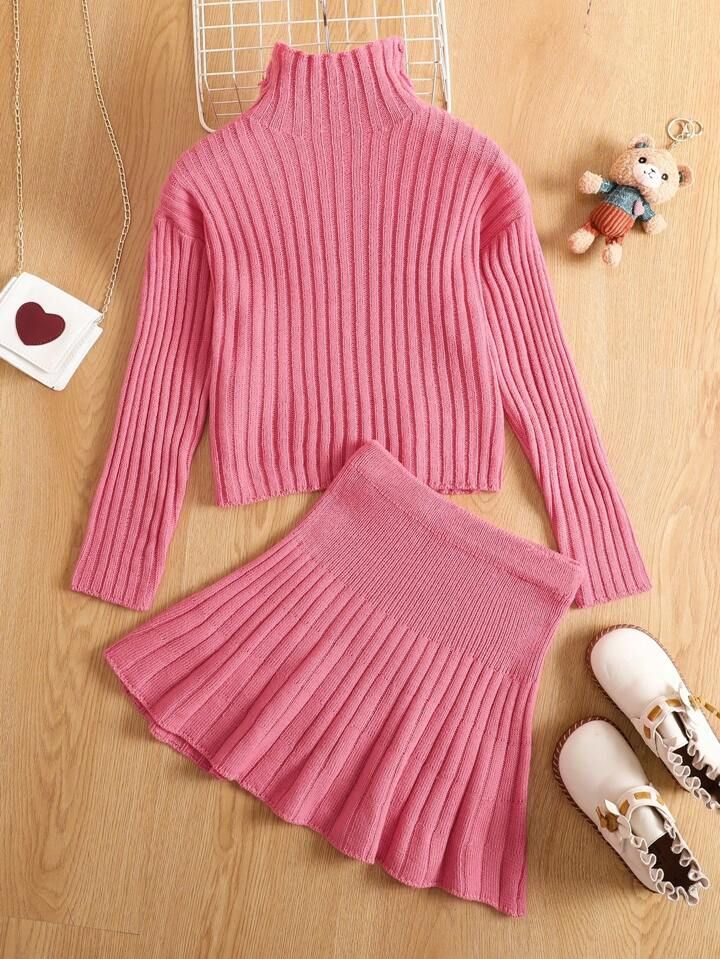 Tween Girl Mock Neck Ribbed Knit Sweater & Knit Skirt | SHEIN
