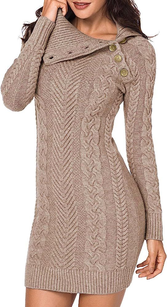 Sidefeel Women Asymmetric Buttoned Cable Knit Bodycon Mini Sweater Dress Jumper | Amazon (US)