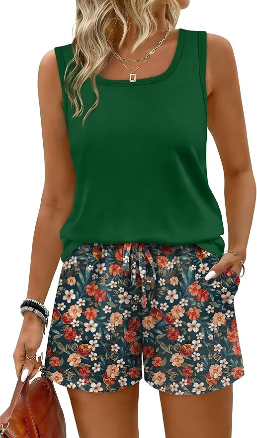 WIHOLL Two Piece Sets for Women Summer Lounge Short Sets Tank Square Neck Sleeveless Sweatsuit wi... | Amazon (US)