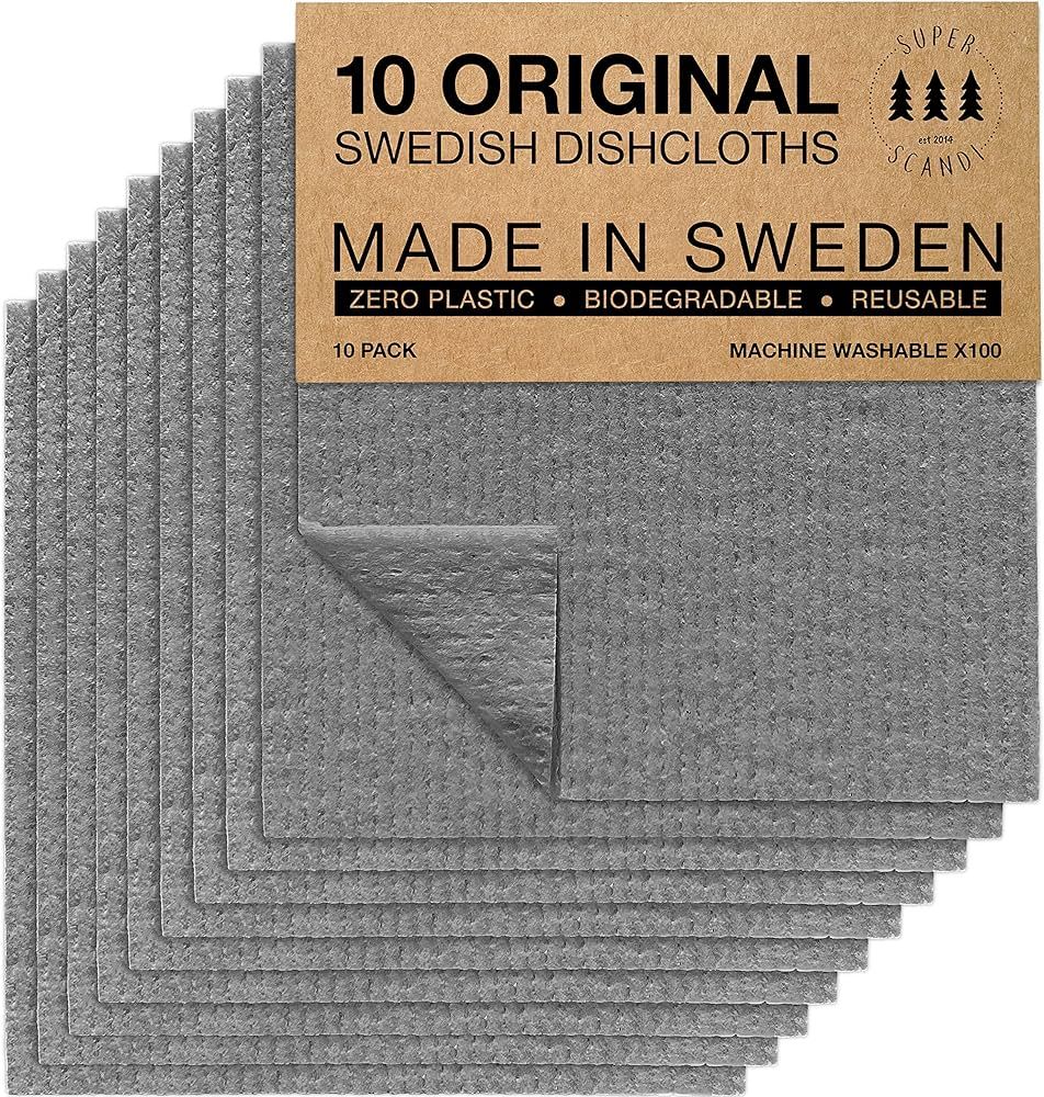 SUPERSCANDI Swedish Dishcloths for Kitchen Grey 10 Pack Reusable Compostable Kitchen Cloth Made i... | Amazon (US)