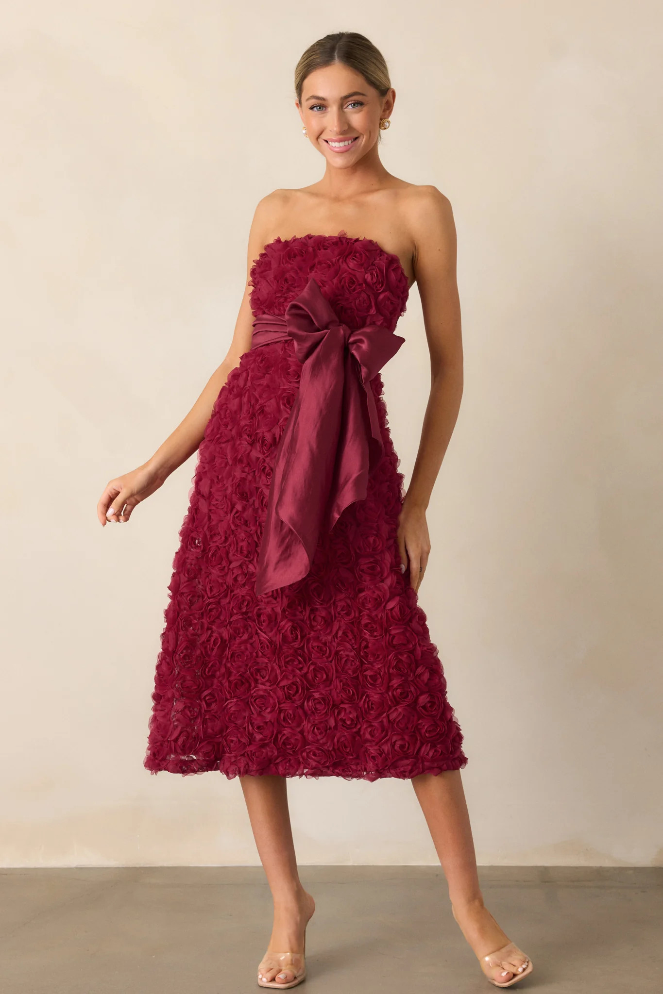 Raising The Bar Wine Floral Applique Midi Dress | Red Dress