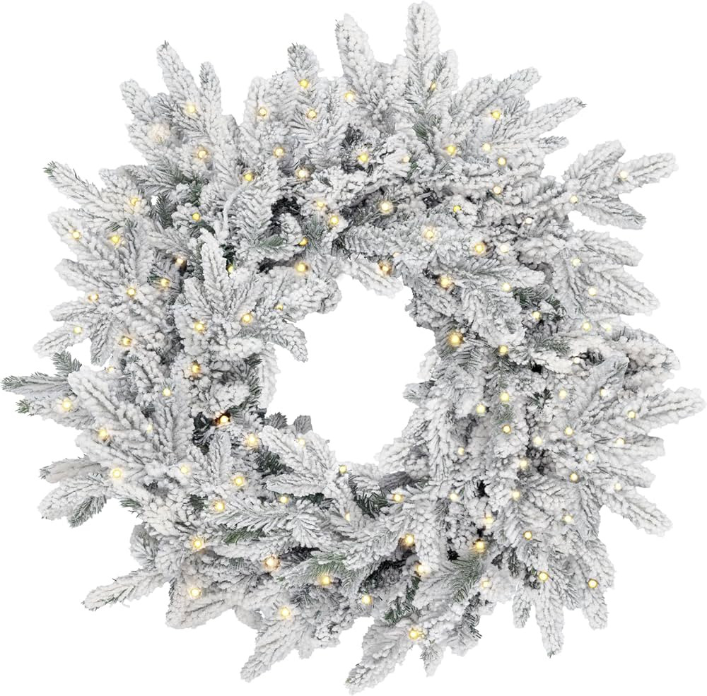 KING OF CHRISTMAS 24" Artificial Snow Flocked Christmas Wreath with Lights, Queen Flock Xmas Wrea... | Amazon (US)