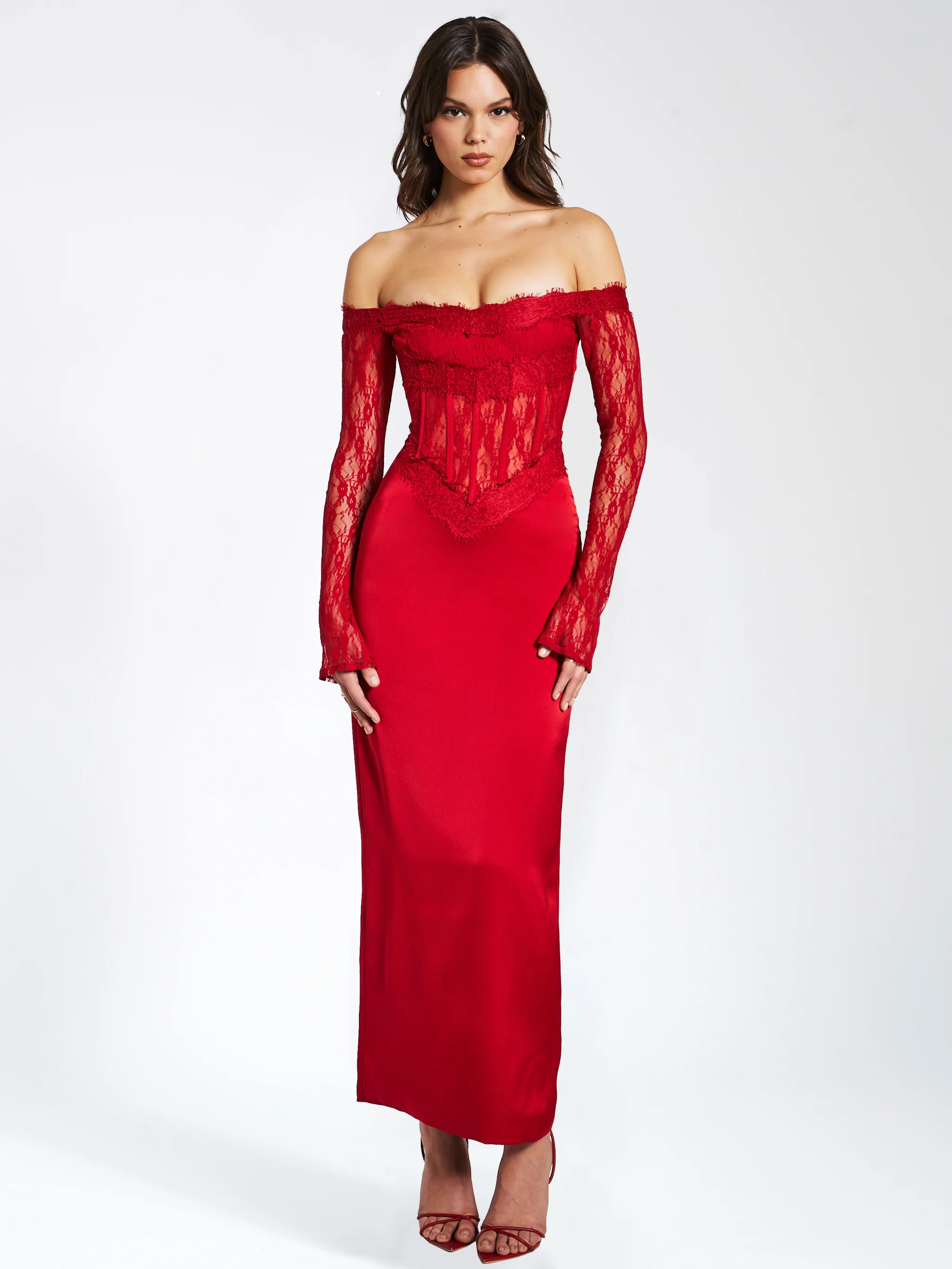 Nessa Red Lace Satin Corset Maxi Dress | Miss Circle