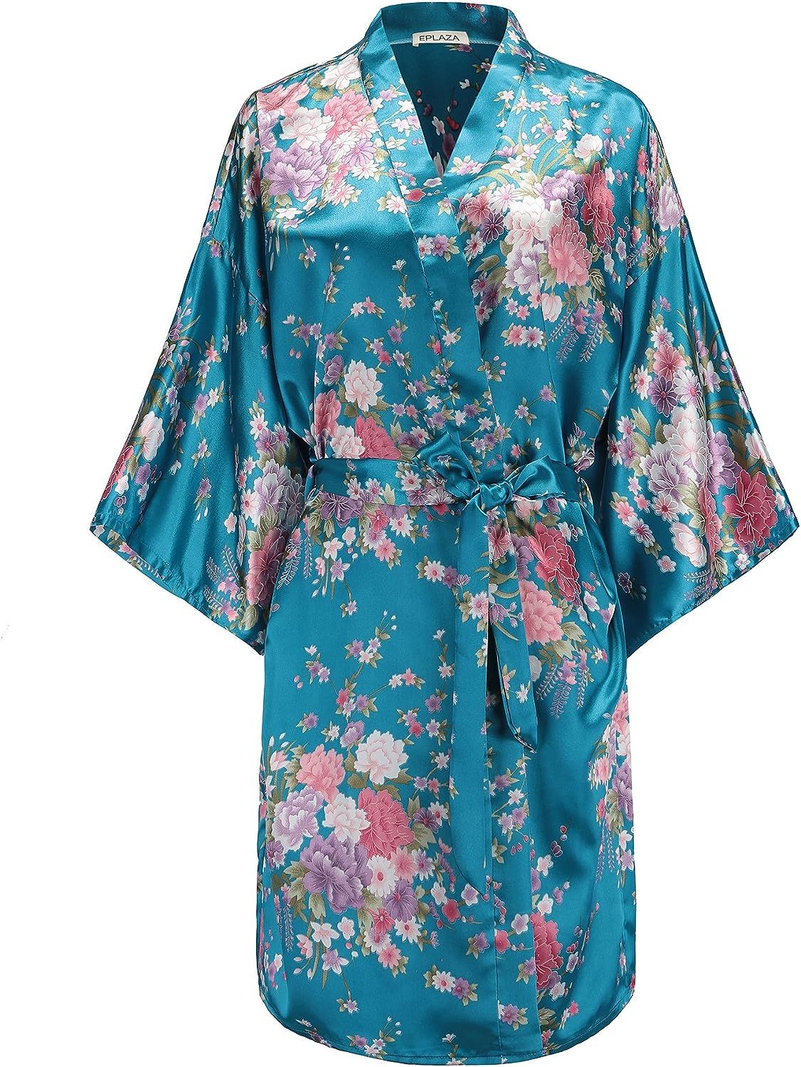 EPLAZA Women Floral Satin Robe Bridal Dressing Gown Wedding Bride Bridesmaid Kimono Sleepwear | Amazon (US)