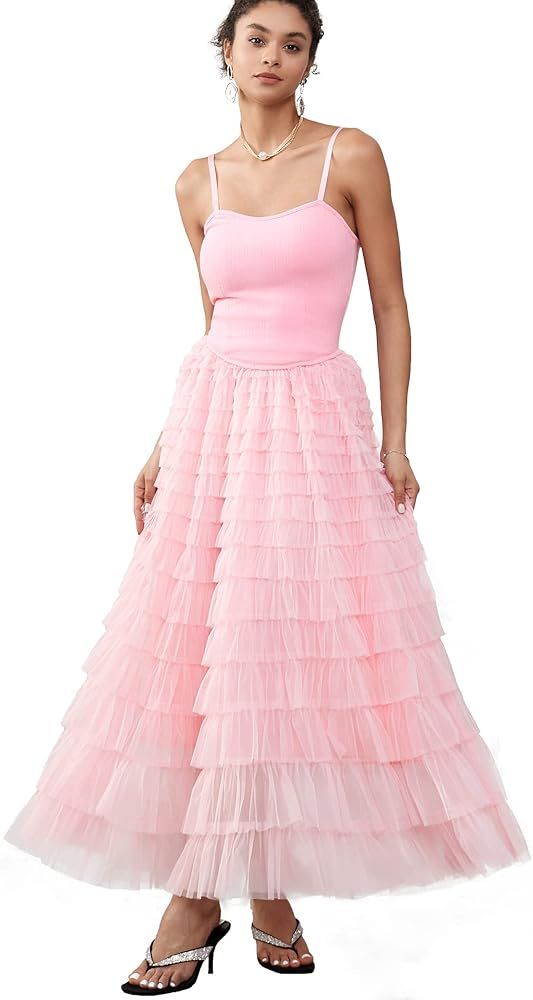 Women's Tulle Maxi Dress Spaghetti Strap Layered Fluffy Ruflfle Prom Birthday Party Long Dress | Amazon (US)