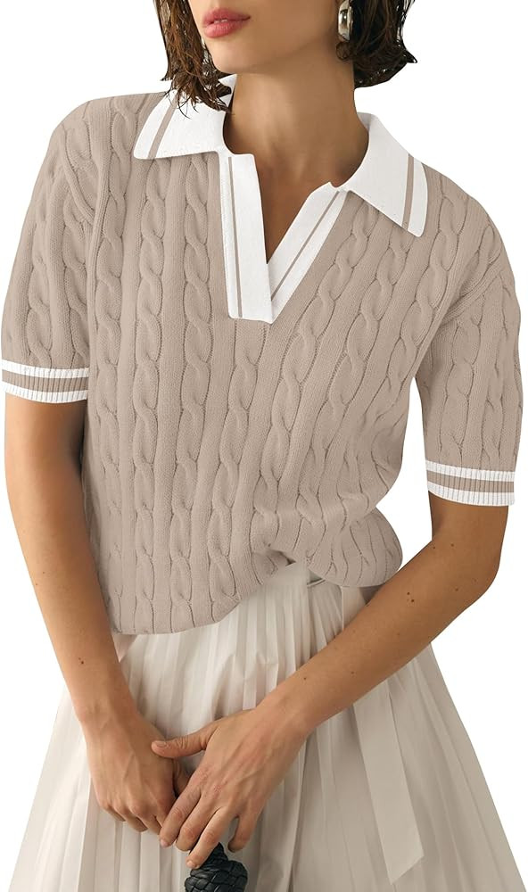 Micoson Womens Short Sleeve Sweater Tops Lapel V Neck Polo Shirts 2026 Summer Cable Knit Loose Bl... | Amazon (US)