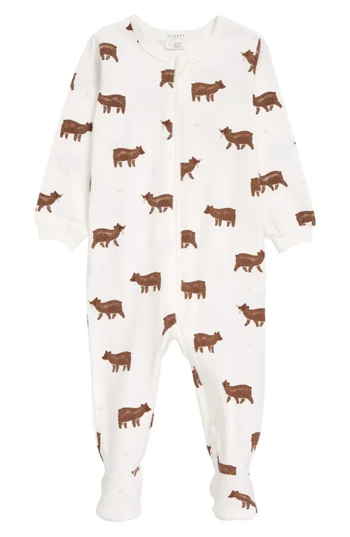 FIRSTS by Petit Lem Bear Cub Print Organic Cotton Footie in 101 Off White at Nordstrom, Size Newborn | Nordstrom
