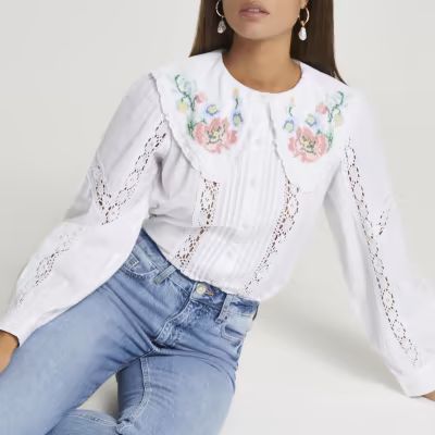 White long sleeve floral embroidered blouse | River Island (UK & IE)