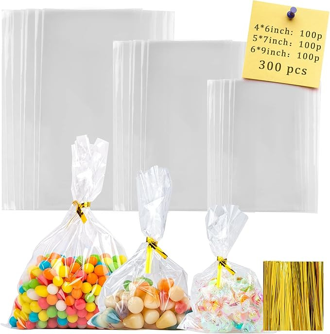 Labeol 300pcs Cellophane Treat Bags with Ties, Clear Goodie/Gift Bags For Candy, Cookie, Party Fa... | Amazon (US)