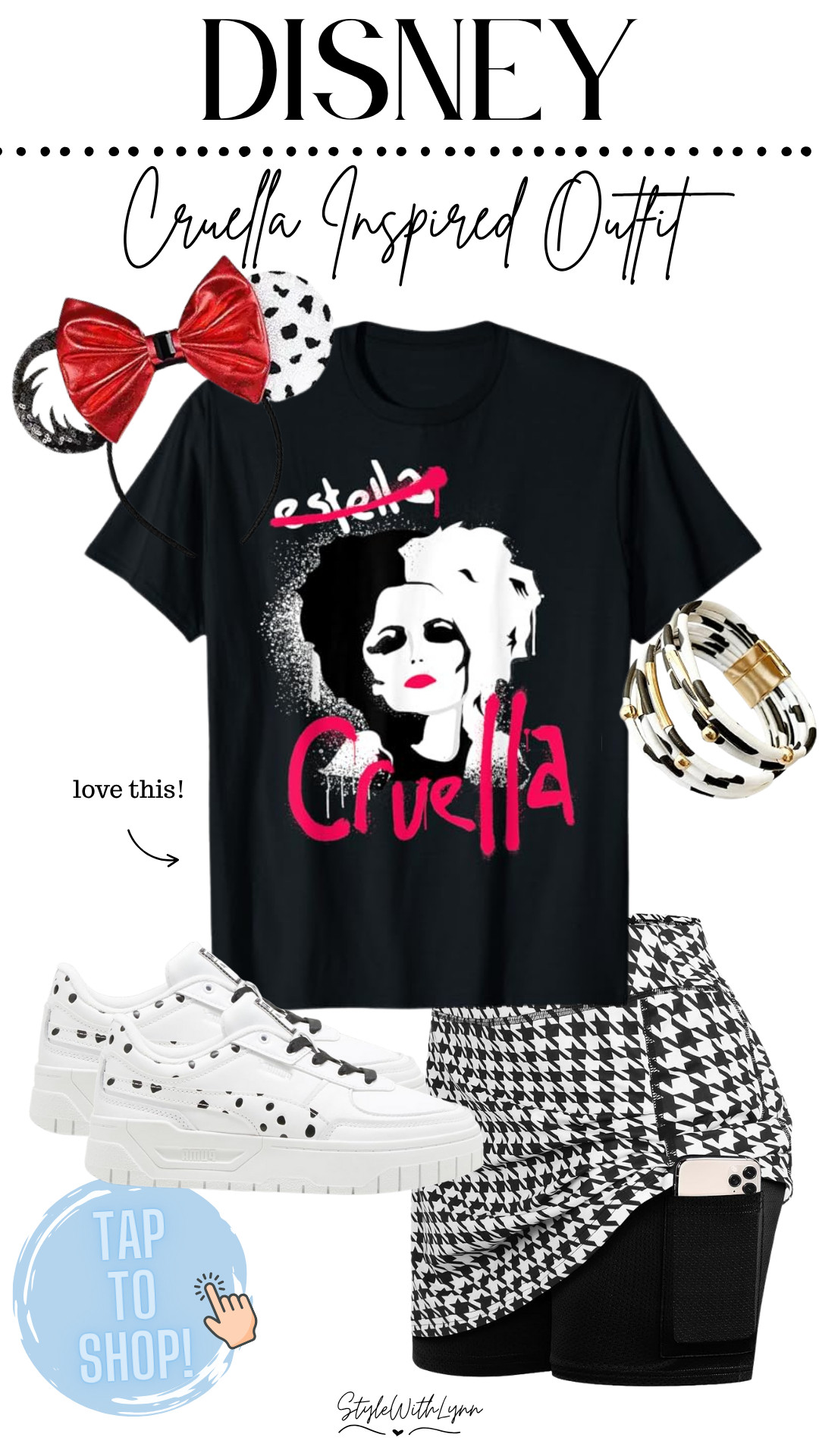 Channel your inner villain in style with this edgy Cruella De Vil inspired Disney outfit—perfect for your next trip to Hollywood Studios, especially with the exciting new Disney Villains show lighting up the stage! This look features a rocker-style Cruella graphic tee paired with a chic houndstooth skort that screams Cruella’s signature style. Top it off with Cruella-themed Minnie ears, a Dalmatian print bracelet for that iconic touch, and comfortable yet cool Puma sneakers to keep you park-ready all day. Whether you're Disneybounding or just love bold Disney fashion, this outfit is a must. Tap to shop the full look and bring your villain era to life! #CruellaStyle #DisneyVillains #HollywoodStudios #DisneyOutfitInspo #DisneyboundCruella #LTKDisney #LTKStyle #CruellaDisneybound 

 