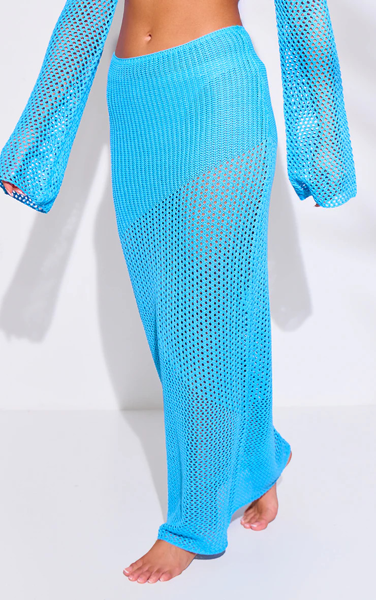 Aqua Crochet Maxi Beach Skirt | PrettyLittleThing UK