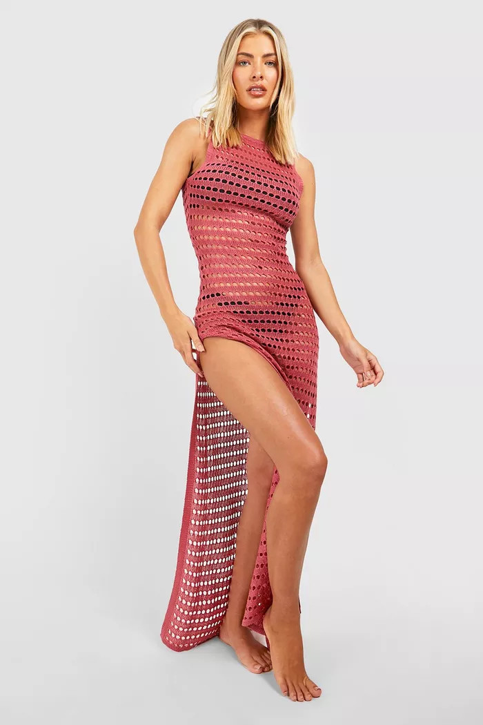 Recycled Crochet Low Back Maxi Beach Dress | Boohoo.com (UK & IE)