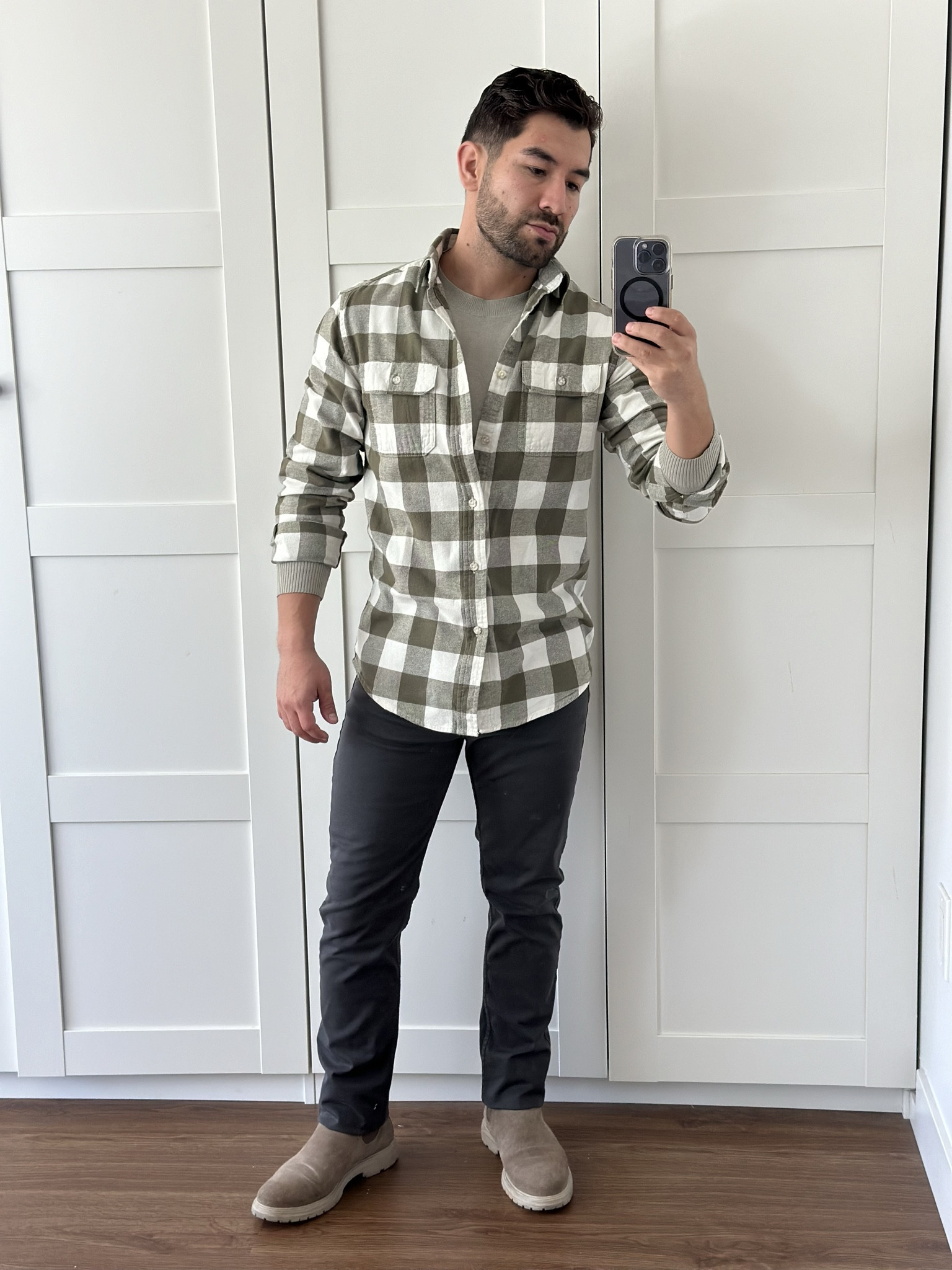 Casual work day outfit 
 Light undershirt with shaker green t-shirt on top, dark gray charcoal pants and Chelsea boots 

#LTKworkwear #LTKGiftGuide #LTKmens
