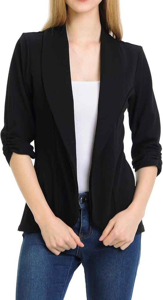 MINEFREE Women's 3/4 Ruched Sleeve Lightweight Work Office Blazer Jacket (S-3XL) | Amazon (US)