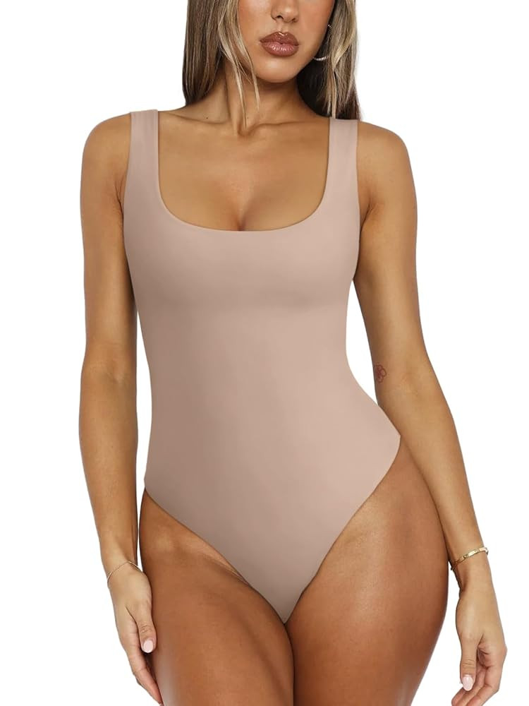 REORIA Bodysuit for Women Scoop Neck Sleeveless Tank Top Bodysuits 2025 Sexy Thong Bodysuit Basic... | Amazon (US)