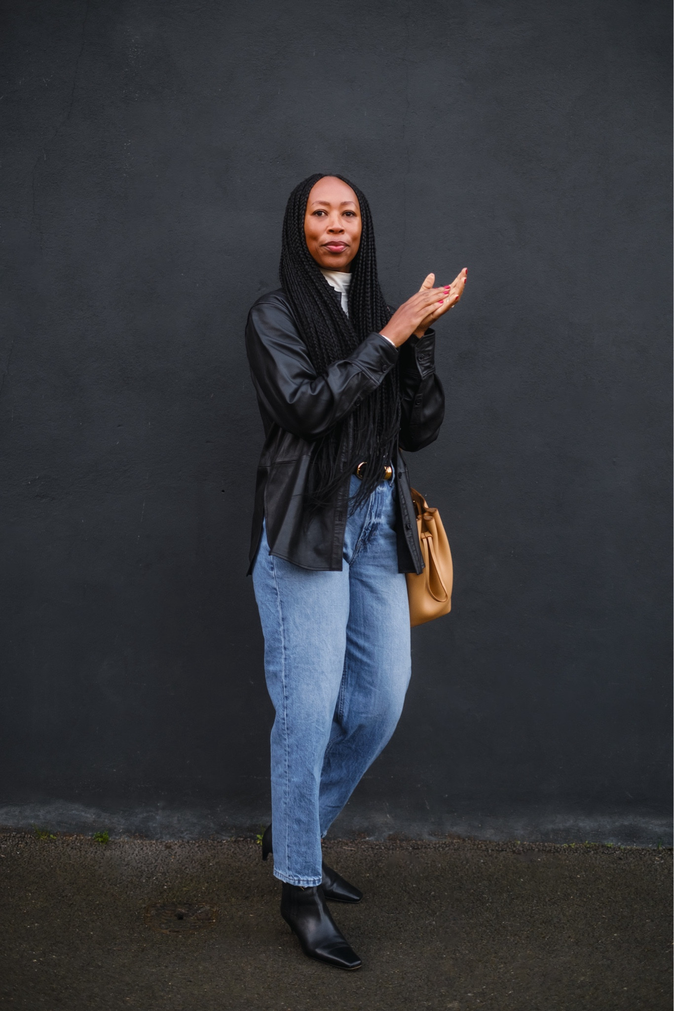 Casual weekend look. Leather shirt perfect jeans. Casual chic 