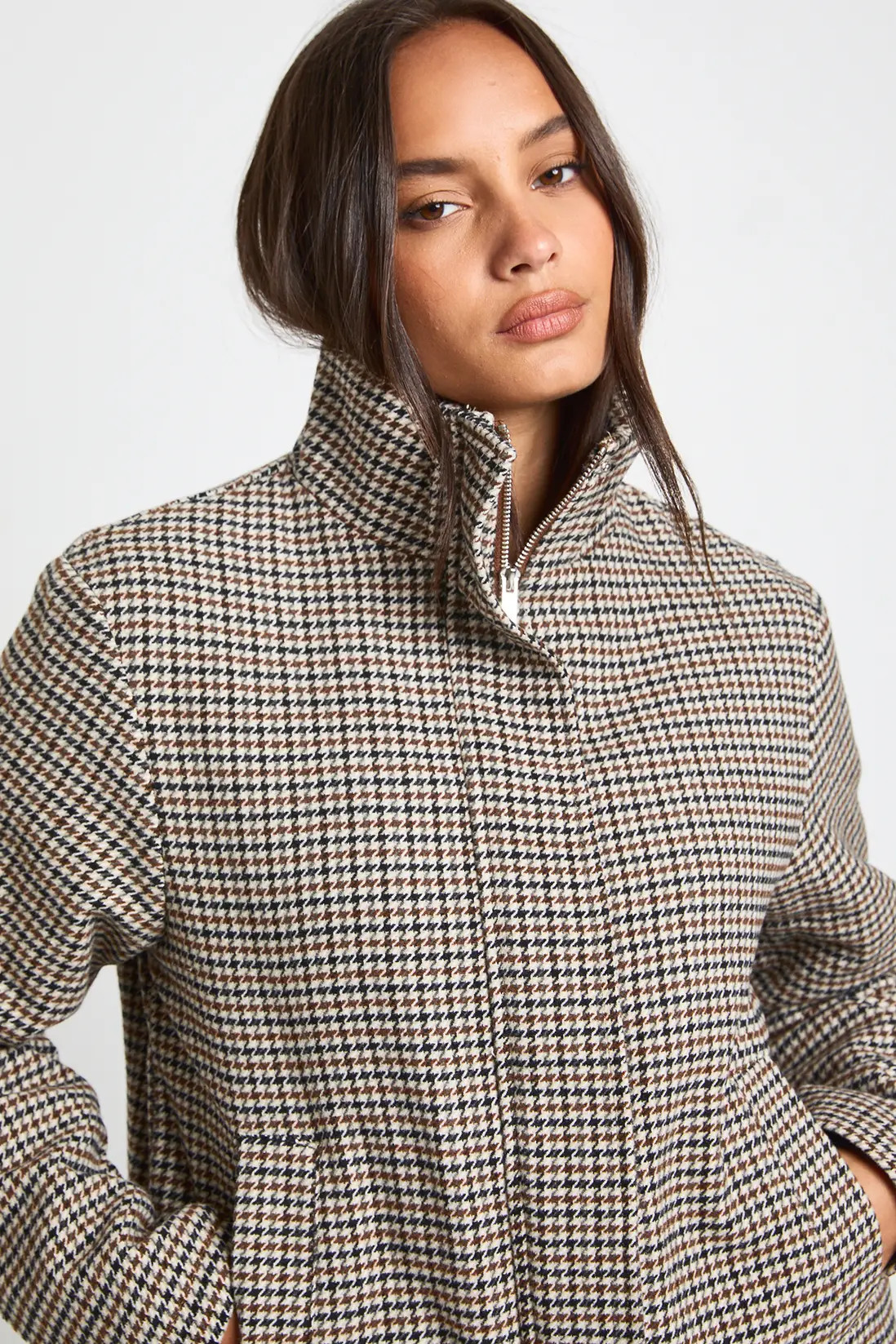 Herringbone Funnel Neck Wool Look Jacket | Boohoo.com (UK & IE)