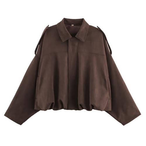 Talakeno Womens Faux Suede Bomber Jacket Casual Lightweight Batwing Long Sleeve Oversized Coat Streetwear Outfits(Coffee-with-Pocket,L) | Amazon (US)