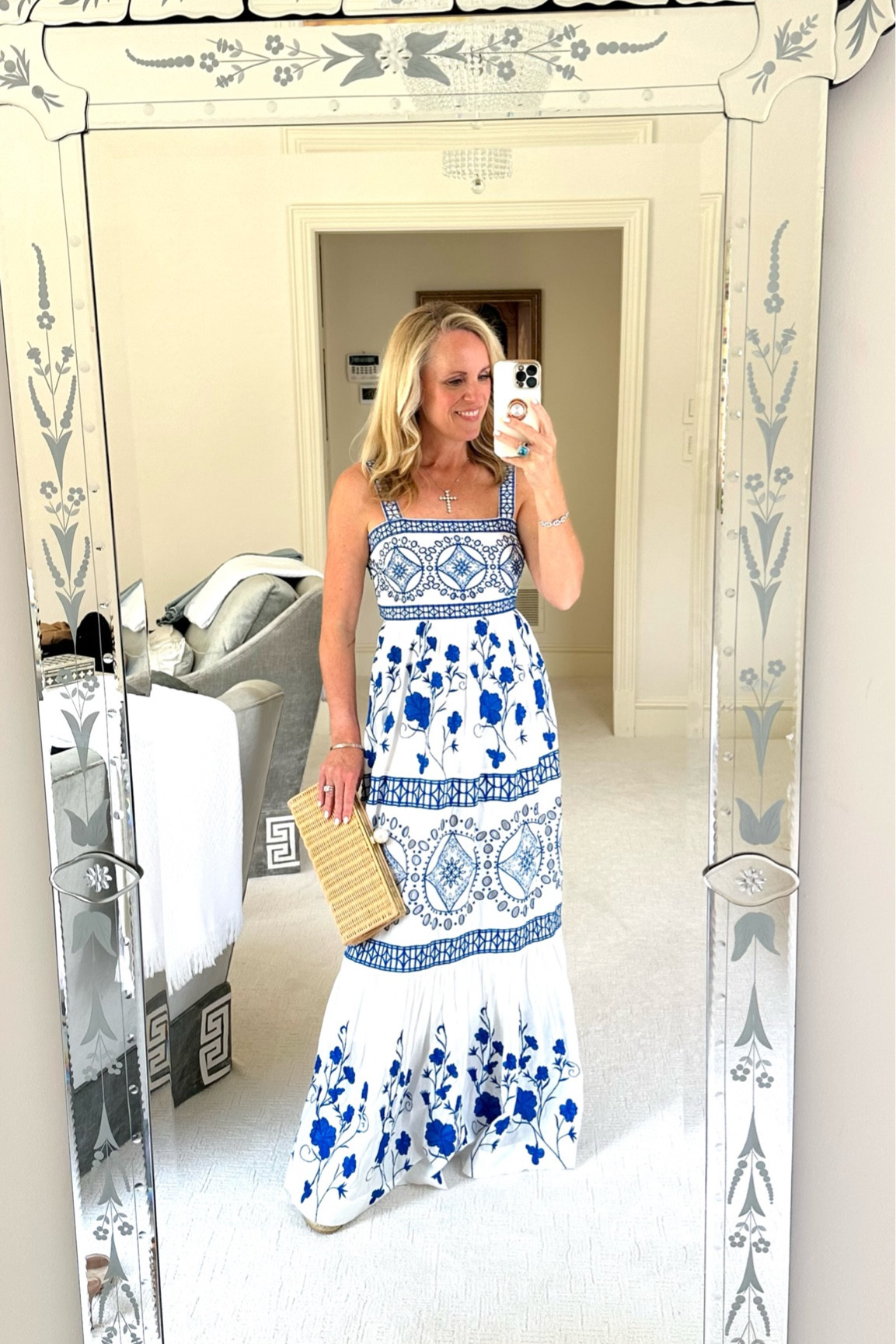Love this Gorgeous, blue and white embroidered maxi dress from Karen Millen
Greek key motif 
Vacation dress 
UK sizing is different. I am wearing a US size 4
I’m 5‘2“ and wearing a 5 inch wedge so you can determine length

#LTKFind #LTKstyletip #LTKSeasonal
