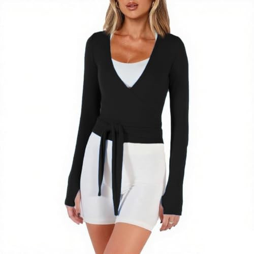 Meihuida Women Wrap Top Long Sleeve Deep V Neck Tie Workout Ballet Pilates Yoga Shirt with Thumb Holes Black S | Amazon (US)