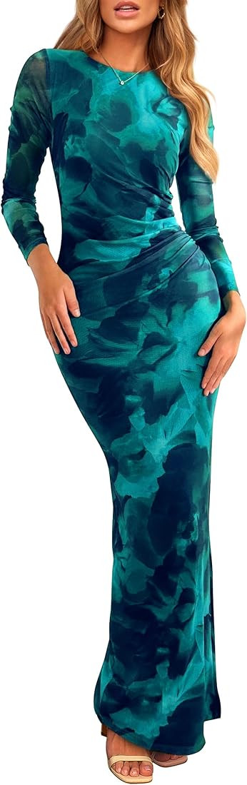 PRETTYGARDEN Women's Bodycon Maxi Dress Fall Spring Fashion Long Sleeve Floral Print Tight Fitted... | Amazon (US)