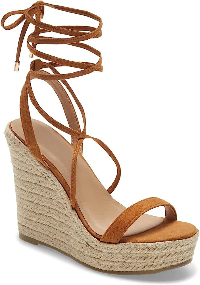 Coutgo Women's Platform Wedge Espadrille Lace Up Ankle Cross Strap Summer Dress Sandals | Amazon (US)