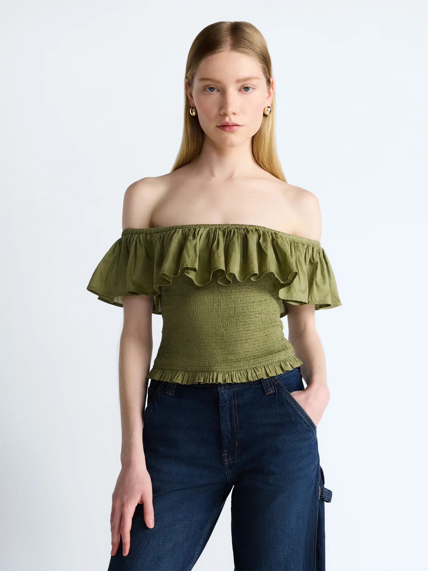 Scoop Women’s and Women’s Plus Off-the-Shoulder Smocked Ruffle Cotton Top, Sizes XS-4X | Walmart (US)