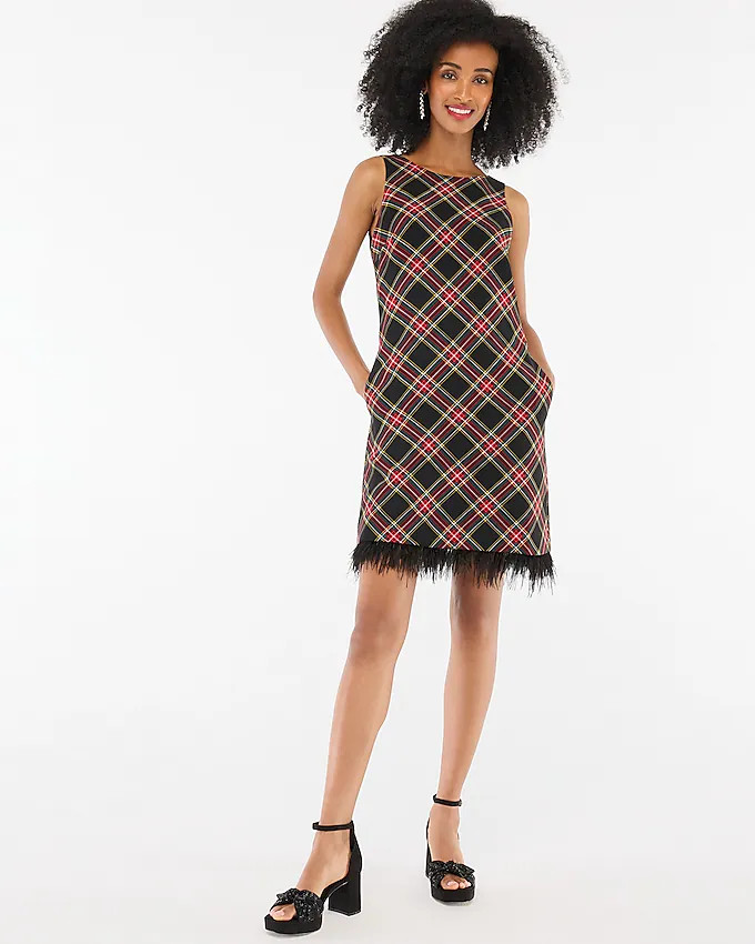 Tartan feather-trim mini dress | J.Crew Factory