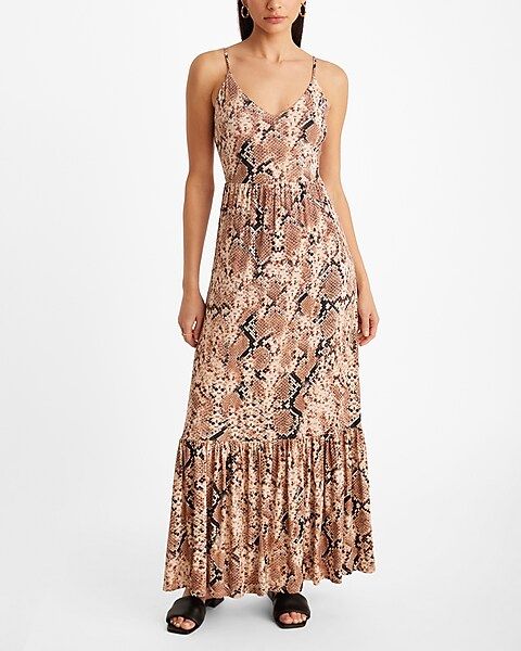 Snakeskin V-Neck Back Cutout Tiered Maxi Dress | Express