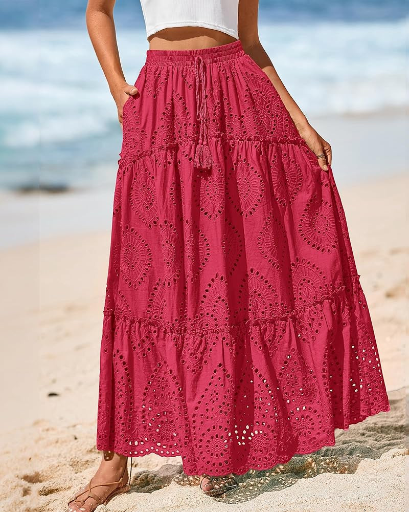BTFBM Long Skirts for Women Summer 2026 Boho Lace Embroidery High Waist Flowy Tiered Spring Maxi ... | Amazon (US)
