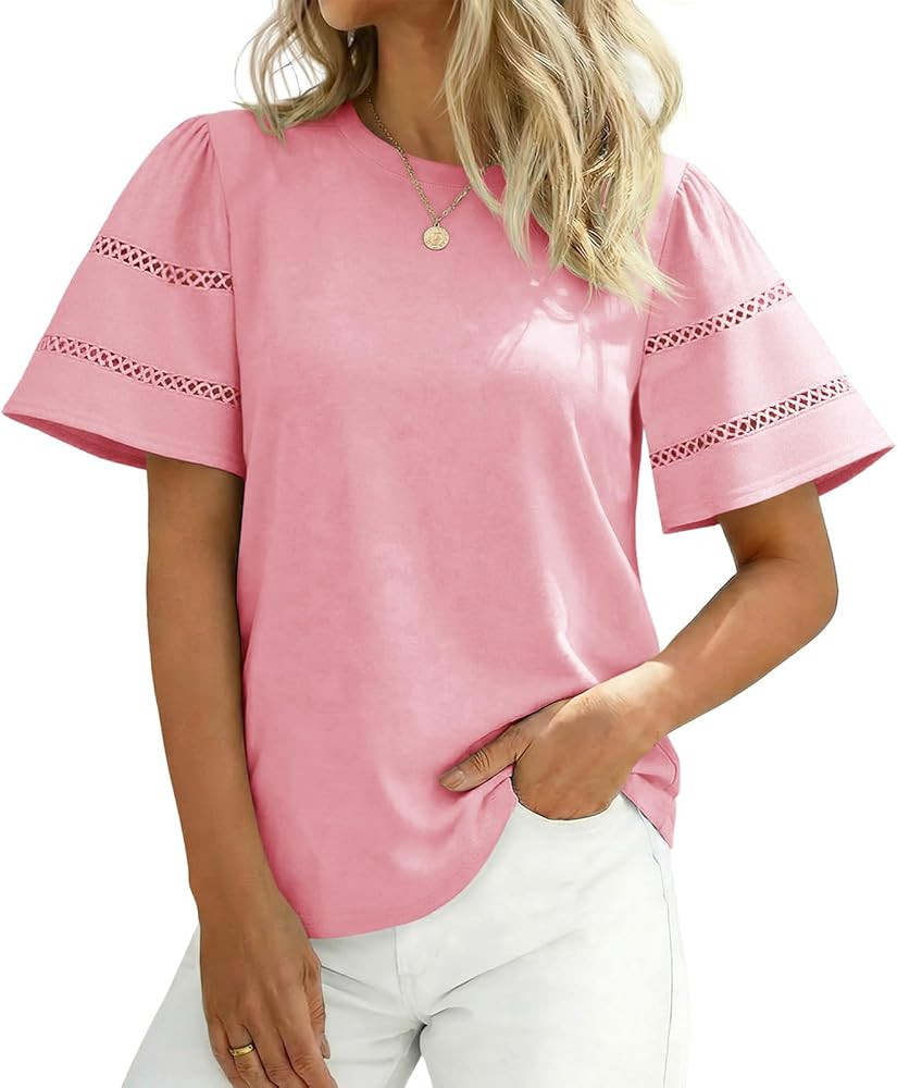 Tankaneo Womens Eyelet Short Sleeve Tops Trendy Casual Loose Fit Tunics Crewneck Summer T Shirts | Amazon (US)