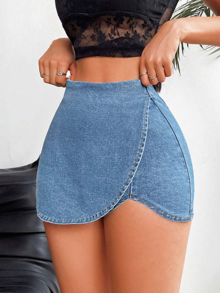 SHEIN EZwear Falda pantalón de mezclilla informal asimétrica para mujer | SHEIN