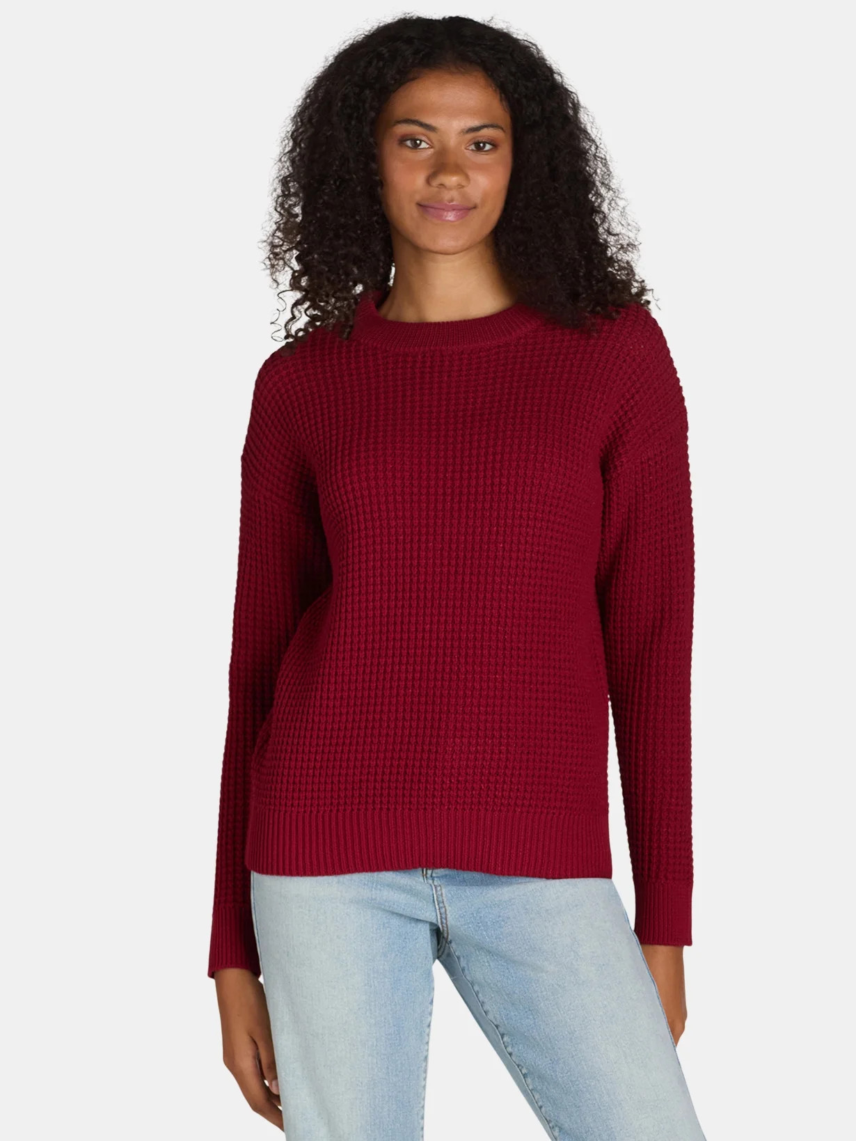 Time and Tru Women's and Women's Plus Waffle Stitch Sweater with Long Sleeves, Midweight, Sizes X... | Walmart (US)