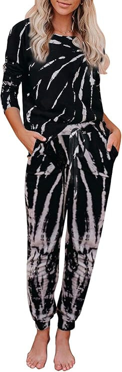 Elapsy Womens Tie Dye Printed Long Sleeve Pajamas Set Soft Top and Pants with Pockets PJ Set Nigh... | Amazon (US)