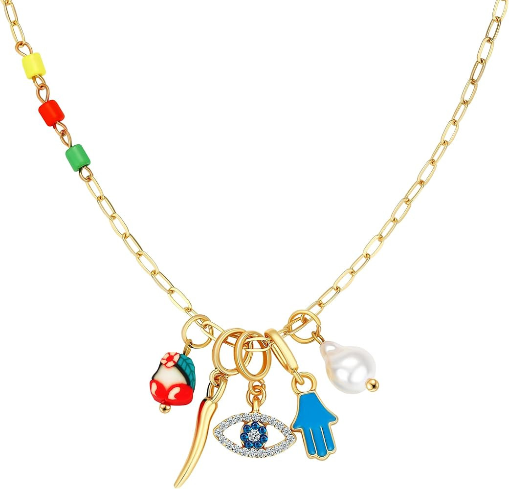 Charm Necklace for Women Gold Evil Eye Sun Moon Flower Coin Pendant Necklace Dainty Paperclip Cha... | Amazon (US)