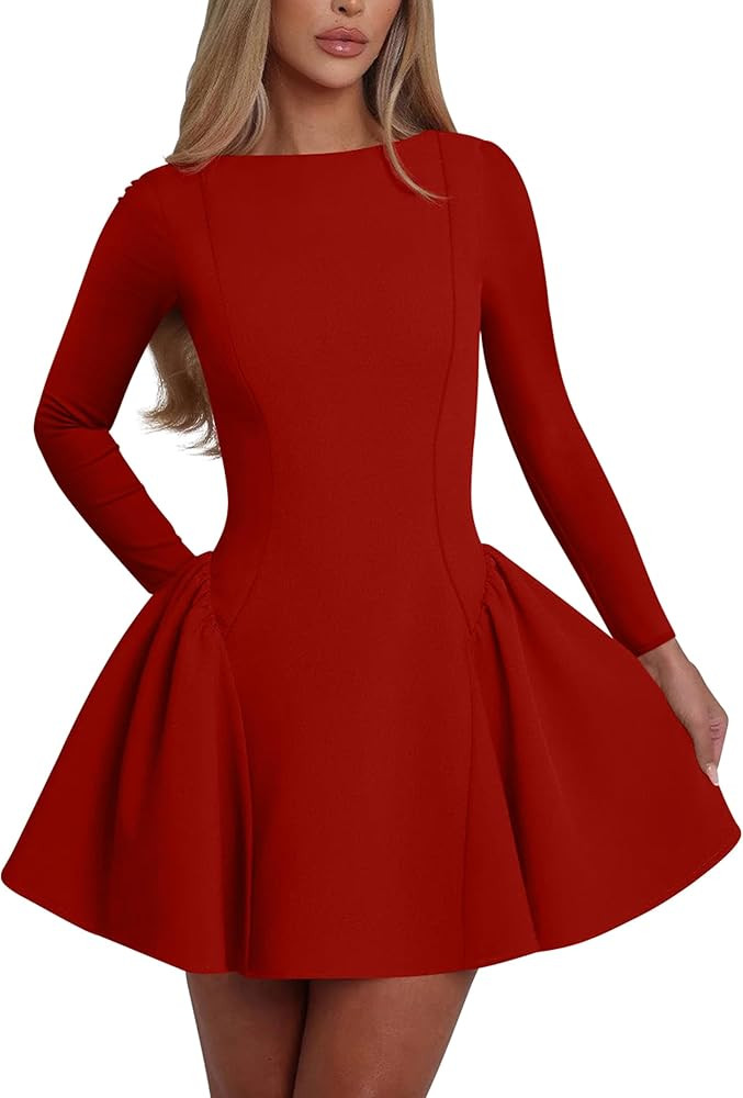 YMDUCH Women's Elegant Long Sleeve Crew Neck Backless A-line Mini Party Prom Dress | Amazon (US)