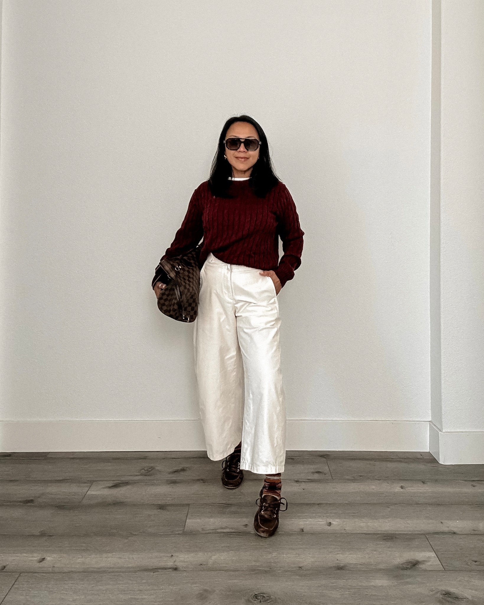 burgundy polo ralph lauren cable knit sweater // beige jersey barrel pants // boat shoes // vintage louis vuitton neverfull damier ebene // retro aviator sunglasses // transitional outfit 

#LTKSaleAlert #LTKSpringSale #LTKOver40