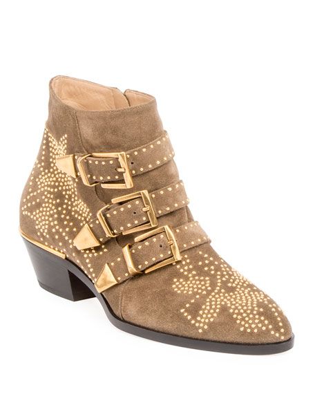 Suzanna Studded Suede Buckle Bootie, Dark Greige | Neiman Marcus