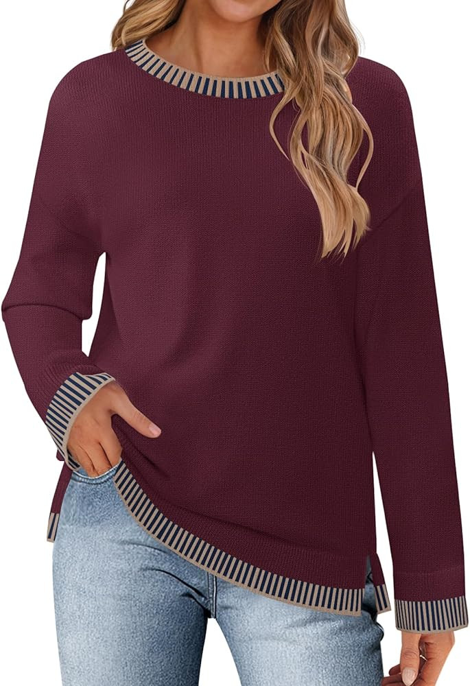 MEROKEETY Womens 2024 Fall Long Sleeve Sweaters Crewneck Color Block Loose Knit Casual Pullover T... | Amazon (US)