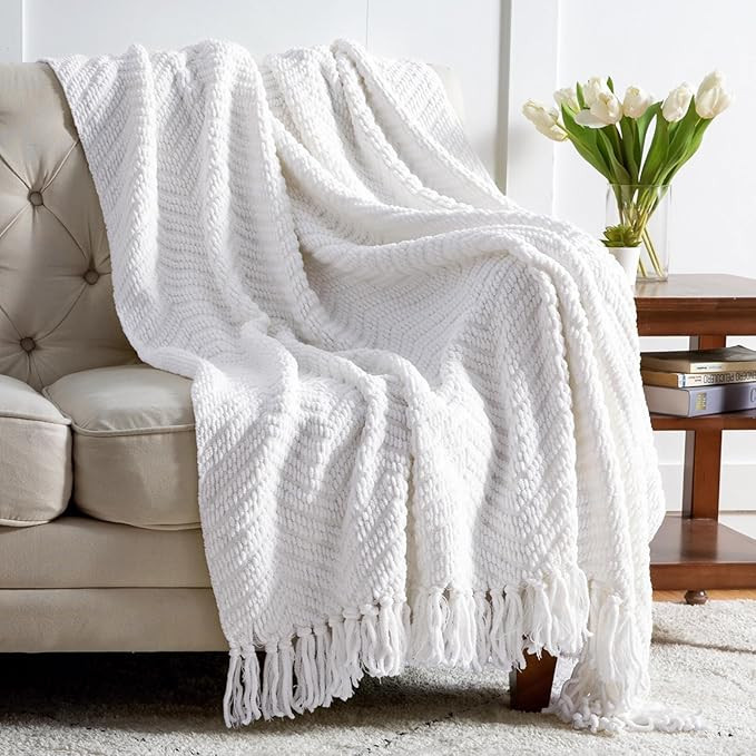 Bedsure White Throw Blankets for Couch - Textured Knit Woven Chenille Blanket - Super Soft, Warm ... | Amazon (US)