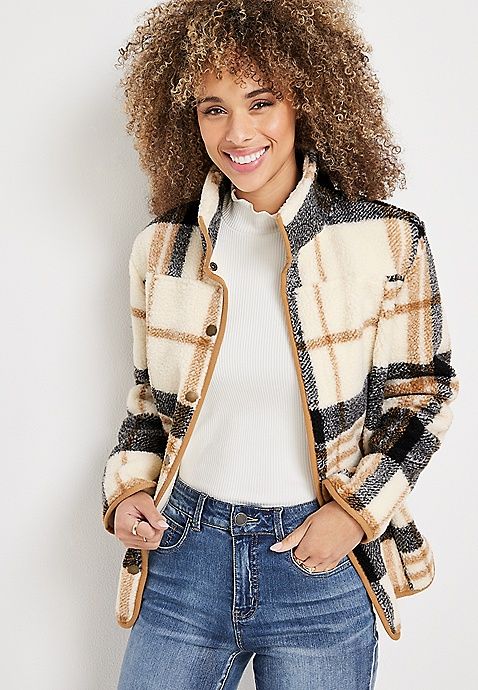 Plaid Sherpa Snap Button Jacket | Maurices