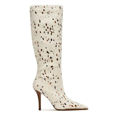 DOEYG Brown Cow Print Knee High Boots for Women Animal Print Pointed Toe Heeled Stiletto Boots Dressy Fashion Tall Boot with Side Zipper | Amazon (US)