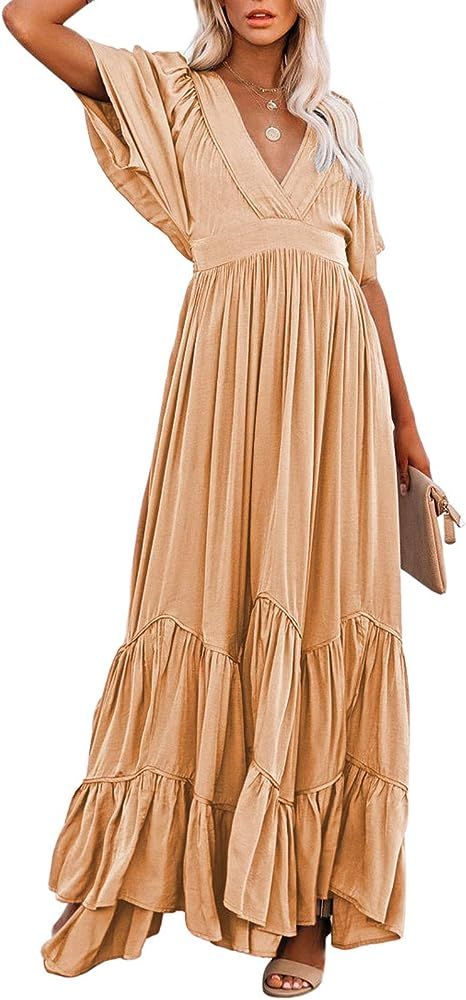 Pink Wind Women's Casual Loose Flowy Ruffle Maxi Dress Short Sleeve V Neck Tie Waist Swing Beach ... | Amazon (US)